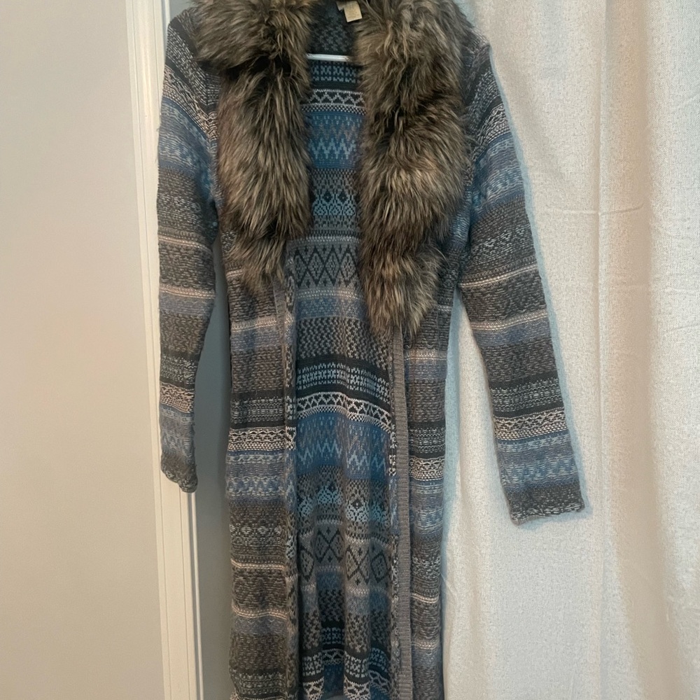 Chico's Blue And Gray Patterned Coat With Faux Fu… - image 1